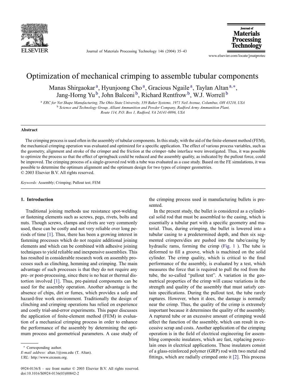 Optimization of Mechanical Crimping to Assemble Tubular Components