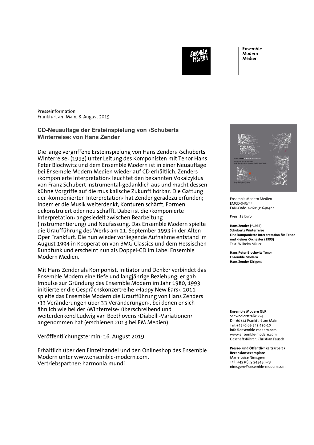 CD-Neuauflage Der Ersteinspielung Von ›Schuberts Winterreise‹ Von Hans Zender