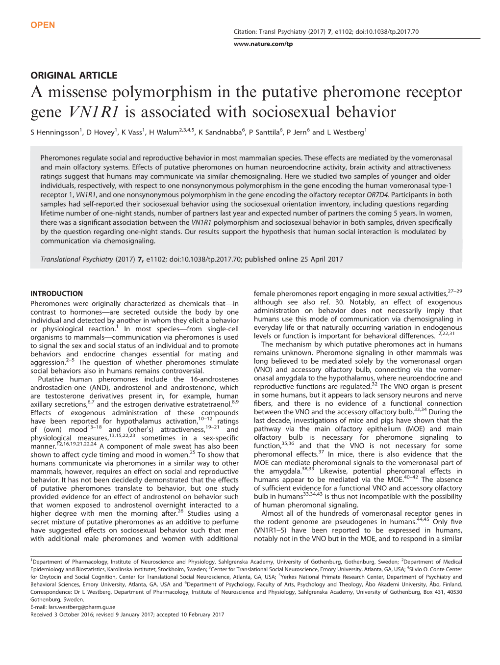 A Missense Polymorphism in the Putative Pheromone Receptor Gene VN1R1 Is Associated with Sociosexual Behavior