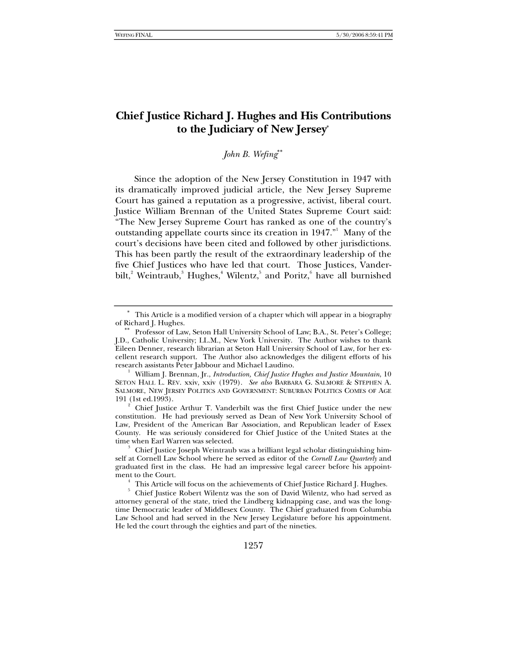 Chief Justice Richard J. Hughes and His Contributions to the Judiciary of New Jersey∗