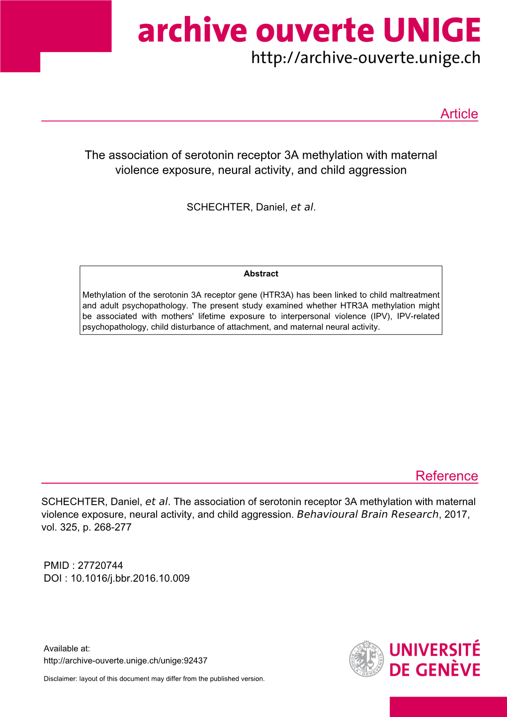 The Association of Serotonin Receptor 3A Methylation with Maternal Violence Exposure, Neural Activity, and Child Aggression