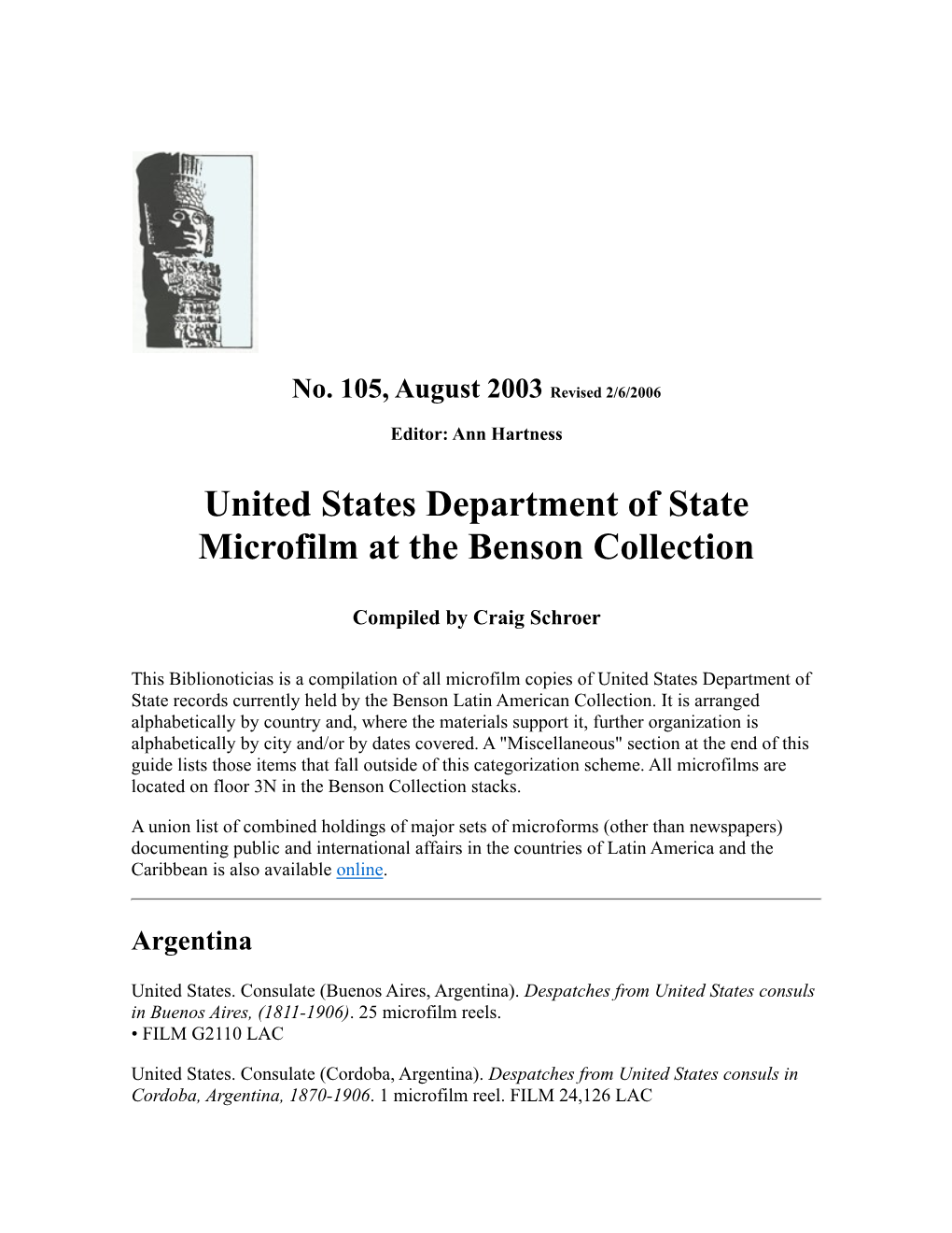 United States Department of State Microfilm at the Benson Collection