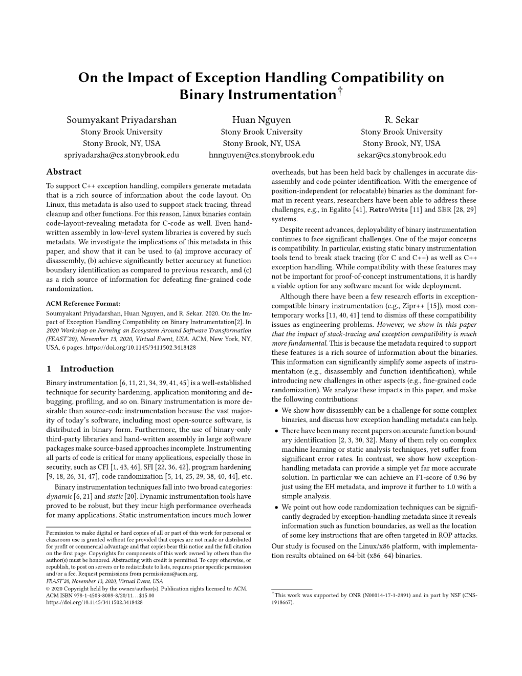 On the Impact of Exception Handling Compatibility on Binary Instrumentation†