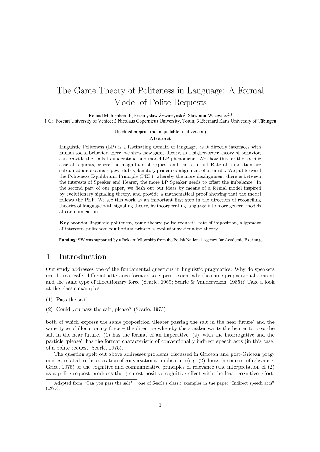 The Game Theory of Politeness in Language: a Formal Model of Polite Requests