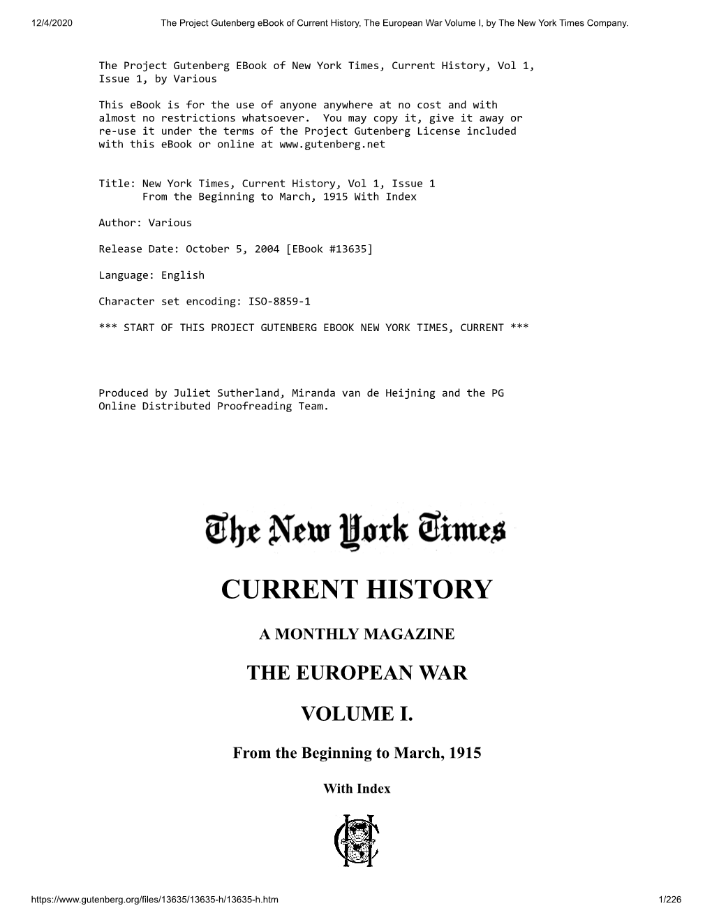 Current History, the European War Volume I, by the New York Times Company