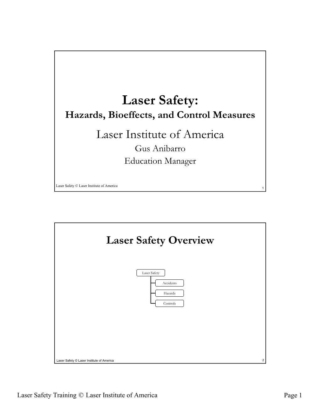 Laser Safety: Hazards, Bioeffects, and Control Measures Laser Institute of America Gus Anibarro Education Manager