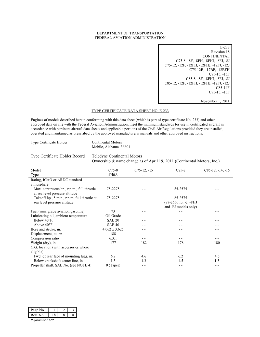 Type Certificate Holder Record Teledyne Continental Motors Ownership & Name Change As of April 19, 2011 (Continental Motors, Inc.)