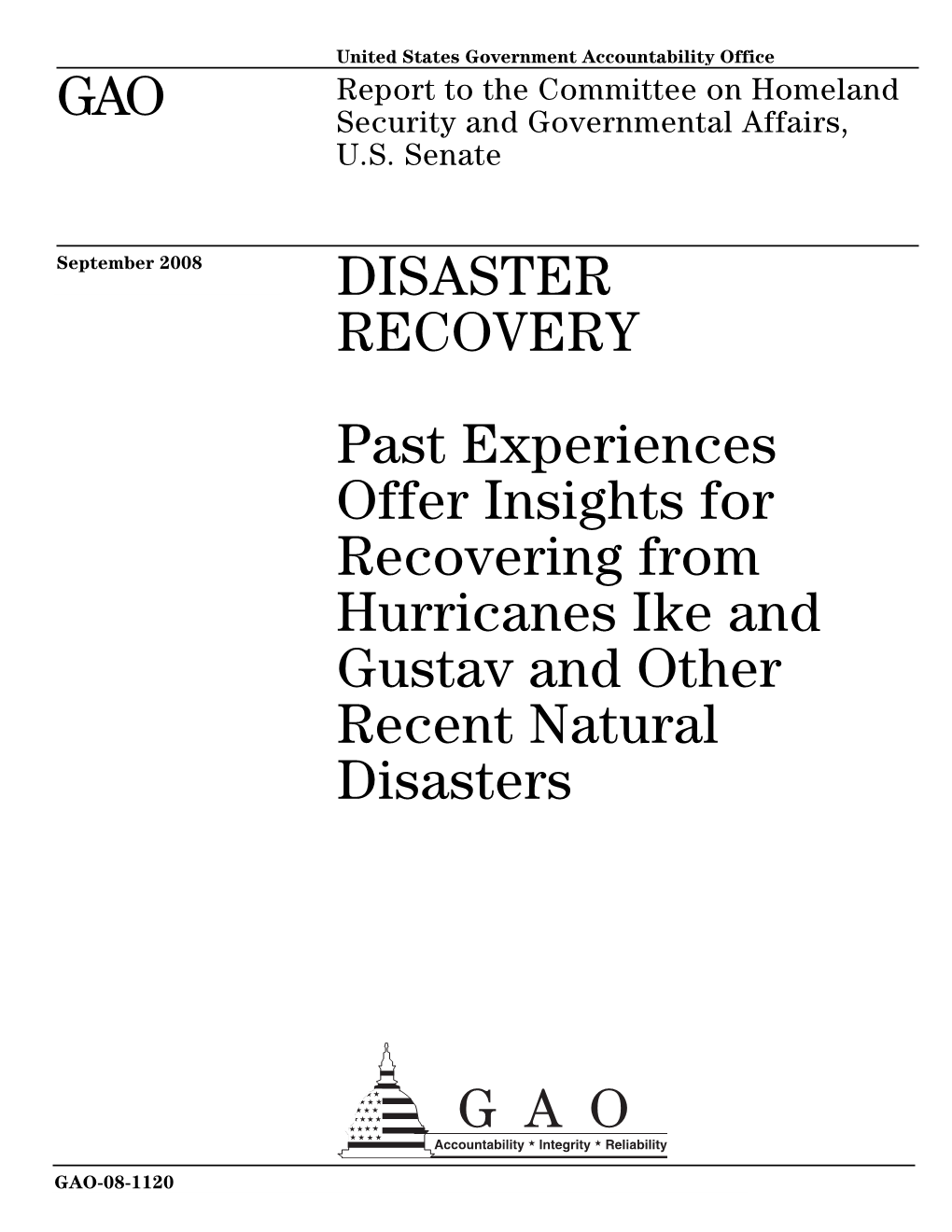 GAO-08-1120 Disaster Recovery: Past Experiences Offer Insights For