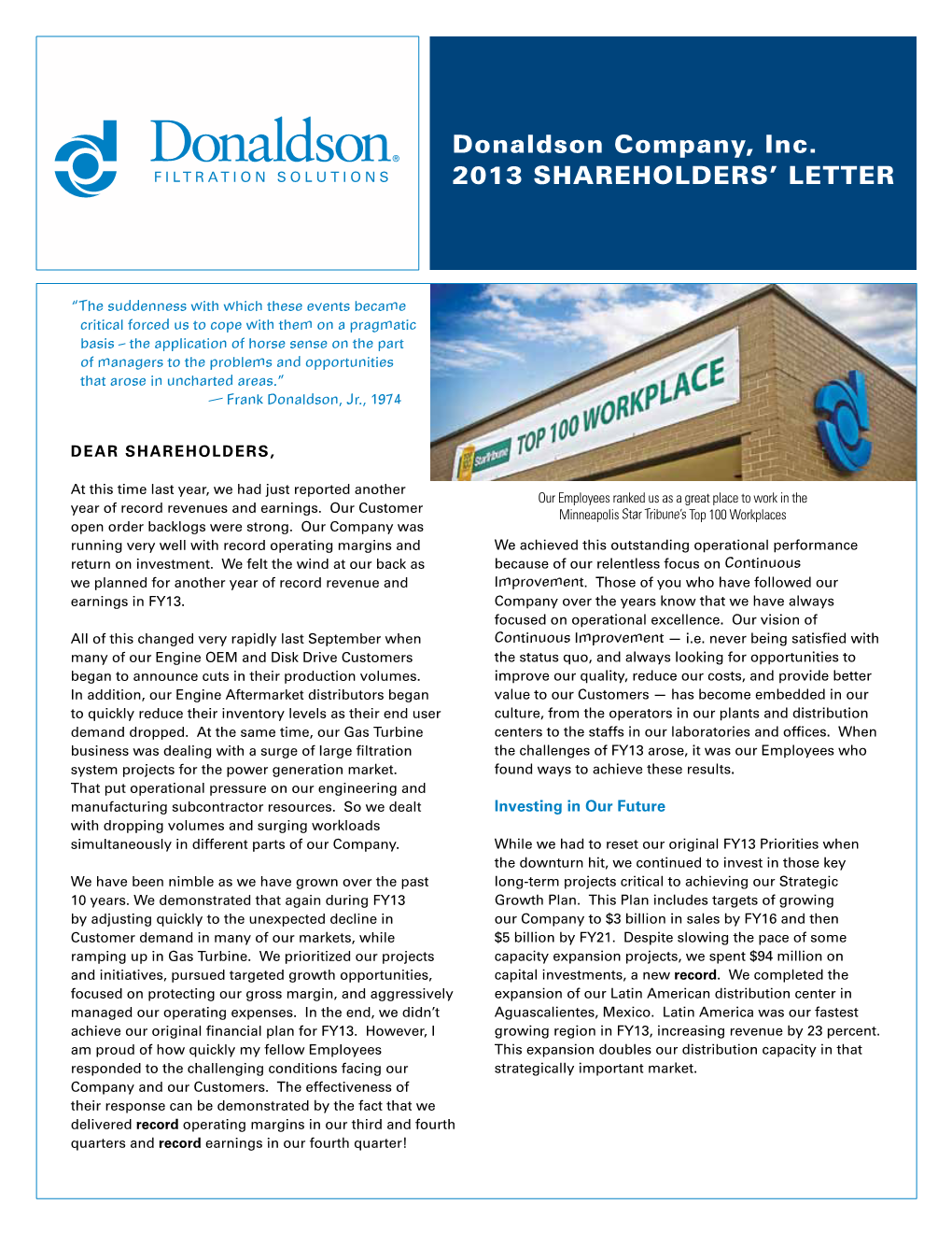 Donaldson Company, Inc. 2013 SHAREHOLDERS’ LETTER