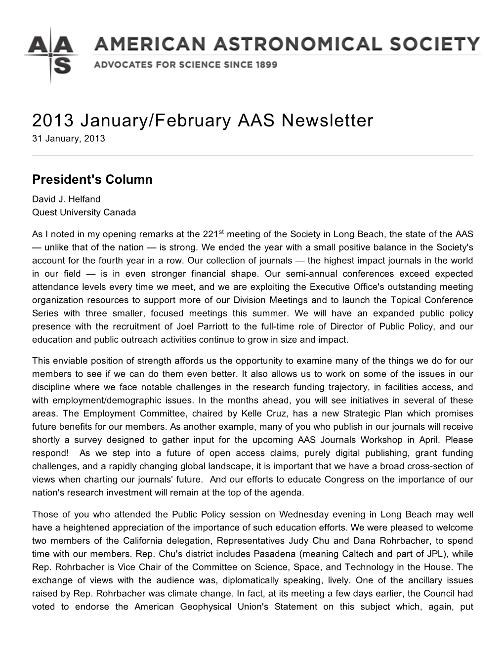 2013 January/February AAS Newsletter 31 January, 2013