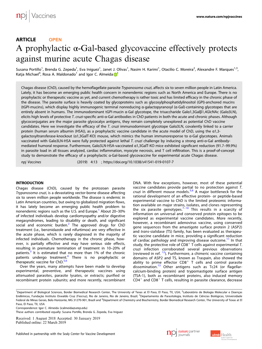 A Prophylactic Α-Gal-Based Glycovaccine Effectively Protects Against Murine Acute Chagas Disease