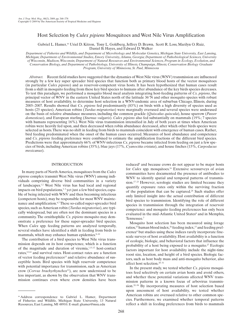 Host Selection by Culex Pipiens Mosquitoes and West Nile Virus Amplification