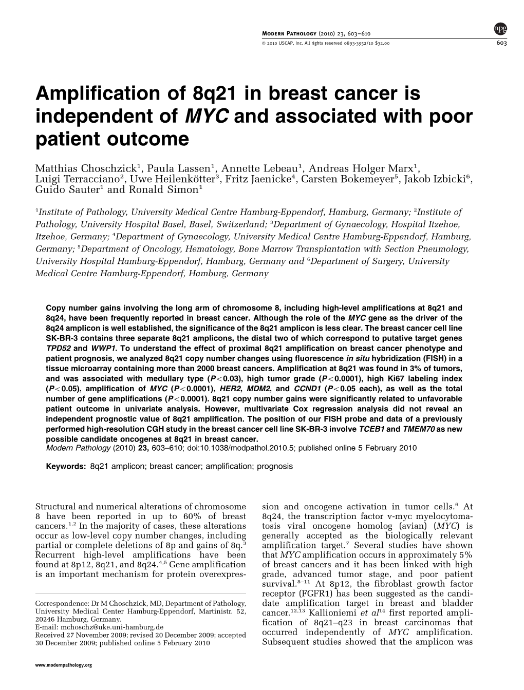 Amplification of 8Q21 in Breast Cancer Is Independent of MYC and Associated with Poor Patient Outcome