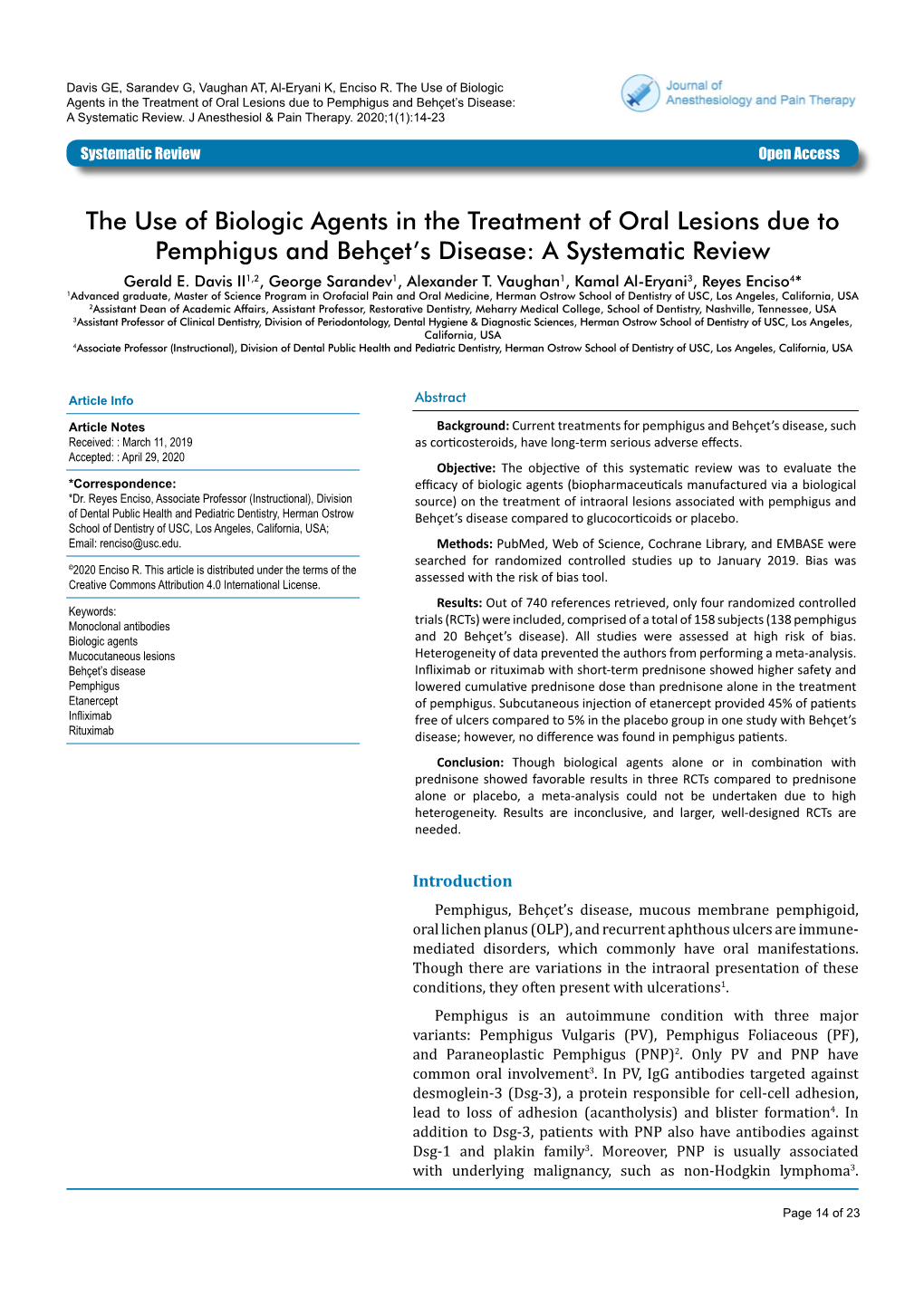 The Use of Biologic Agents in the Treatment of Oral Lesions Due to Pemphigus and Behçet's Disease: a Systematic Review