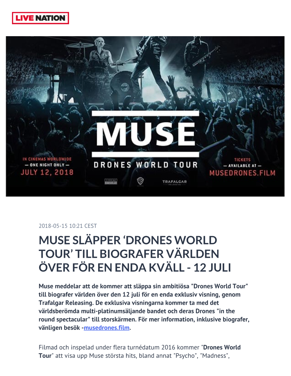 Drones World Tour’ Till Biografer Världen Över För En Enda Kväll - 12 Juli