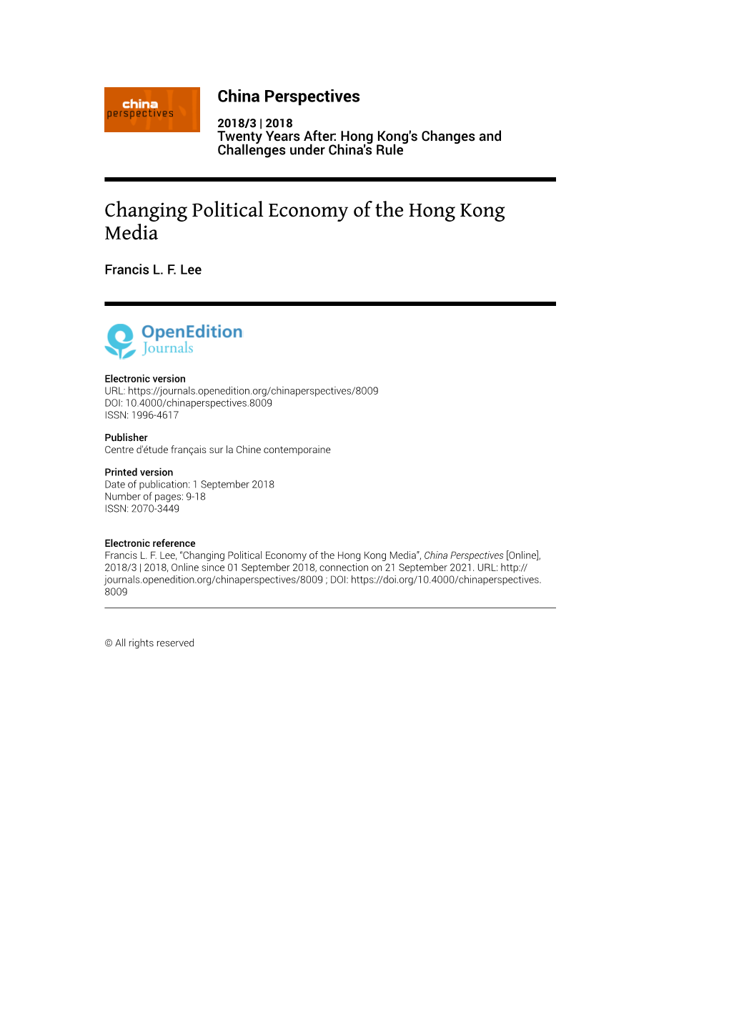 Changing Political Economy of the Hong Kong Media