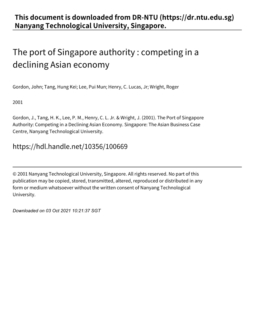 The Port of Singapore Authority : Competing in a Declining Asian Economy