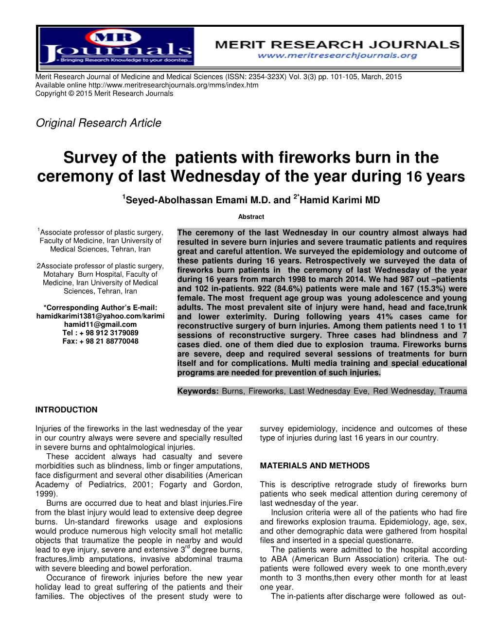 Survey of the Patients with Fireworks Burn in the Ceremony of Last Wednesday of the Year During 16 Years