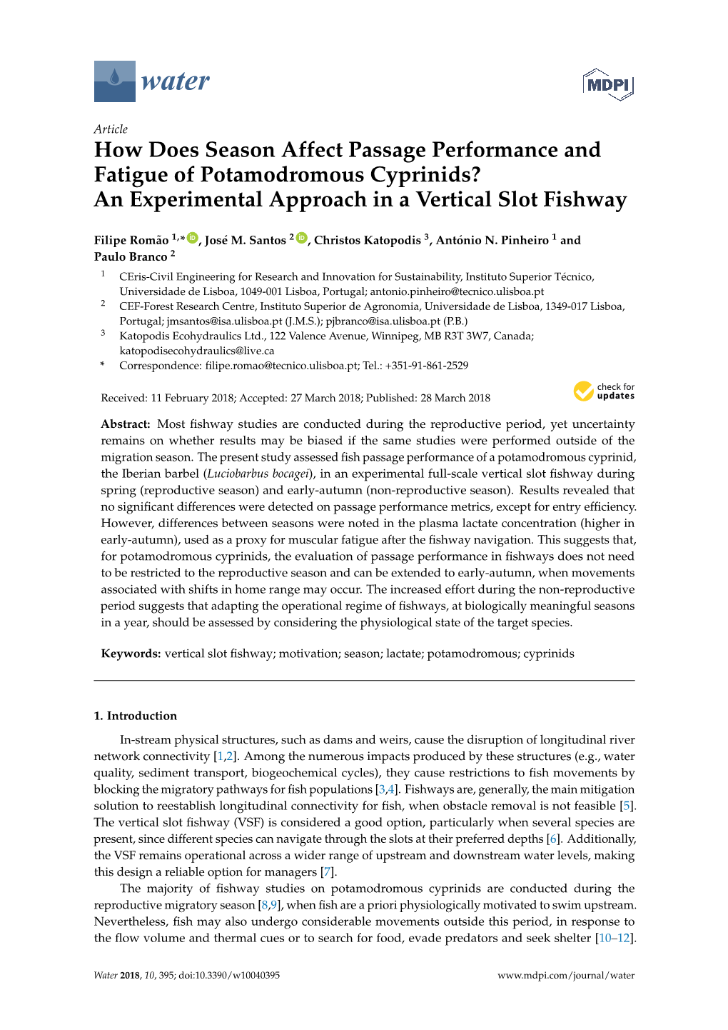 How Does Season Affect Passage Performance and Fatigue of Potamodromous Cyprinids? an Experimental Approach in a Vertical Slot Fishway