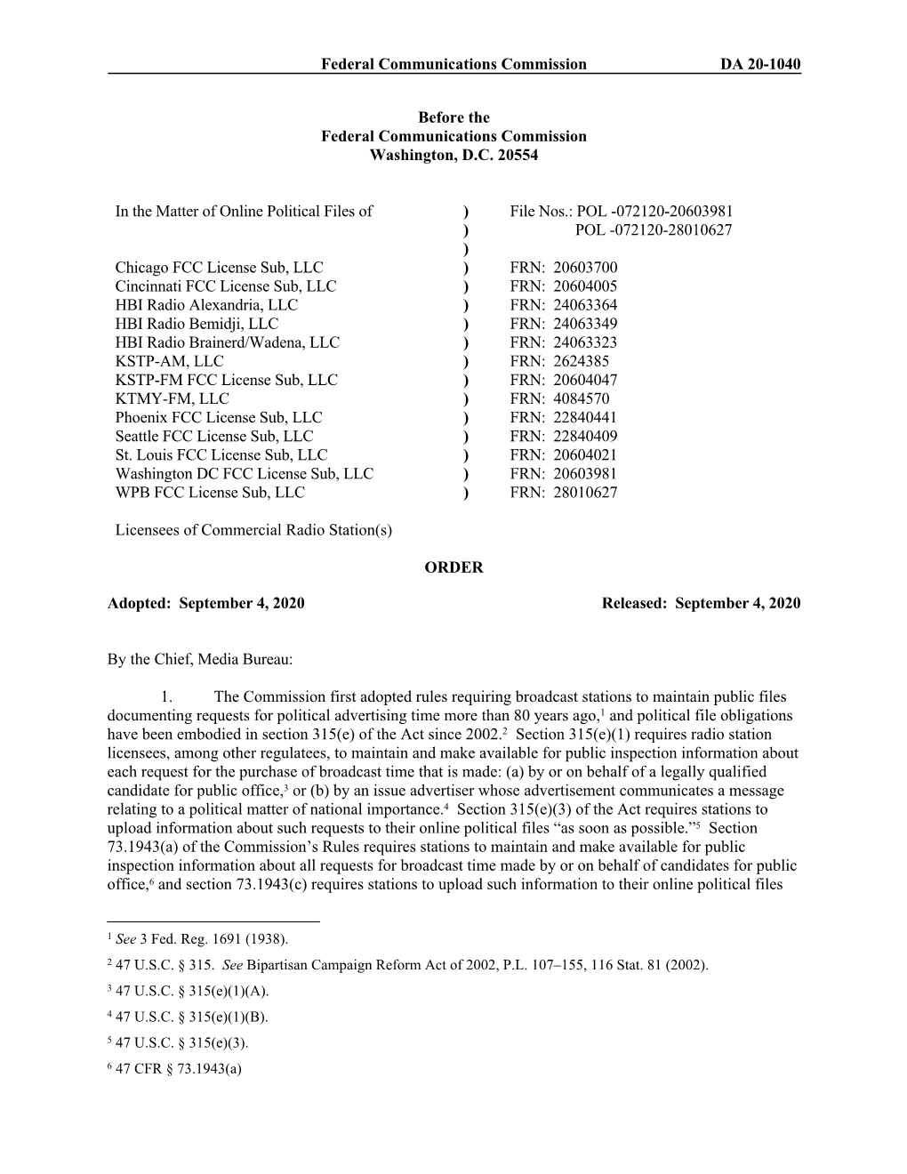 Federal Communications Commission DA 20-1040 Before the Federal