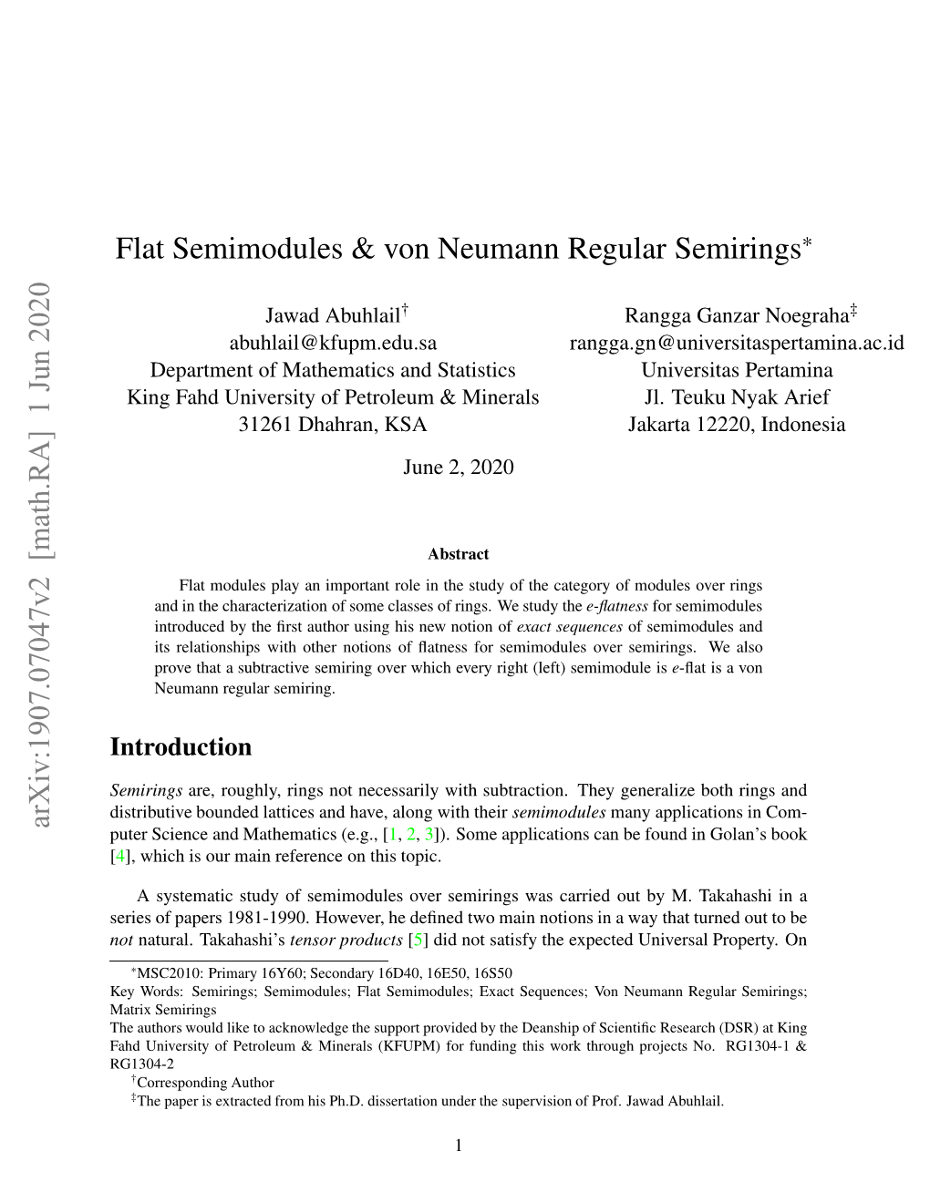 1 Jun 2020 Flat Semimodules & Von Neumann Regular Semirings