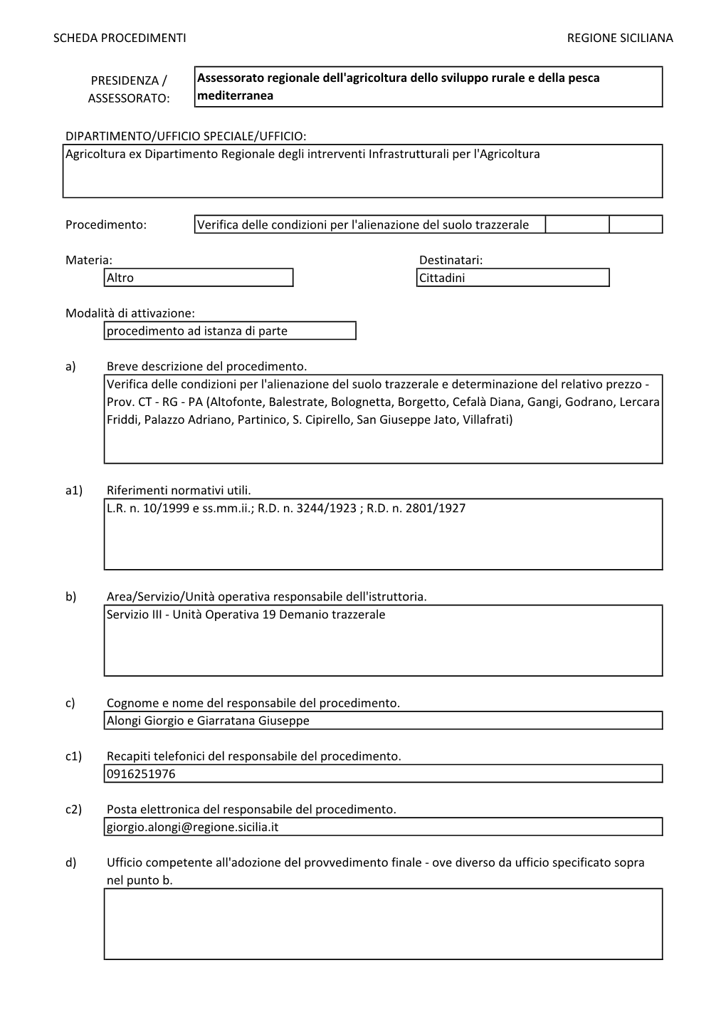 SCHEDA PROCEDIMENTI REGIONE SICILIANA Procedimento: Verifica