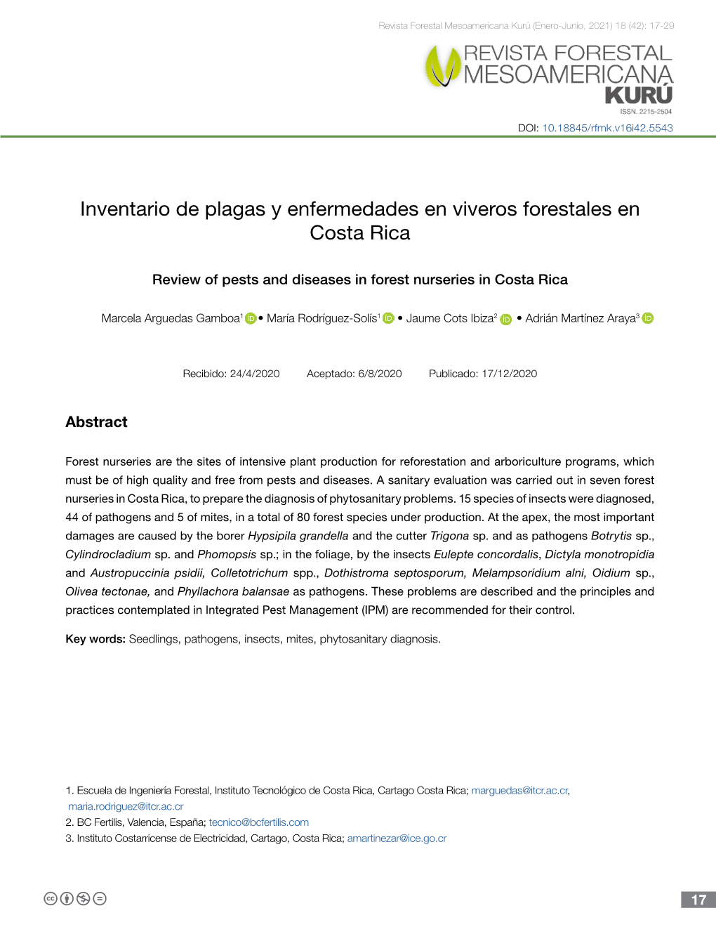 Inventario De Plagas Y Enfermedades En Viveros Forestales En Costa Rica