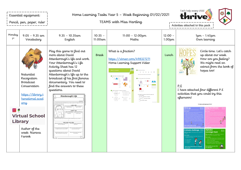 Home Learning Tasks Year 5 – Week Beginning 01/02/2021 TEAMS