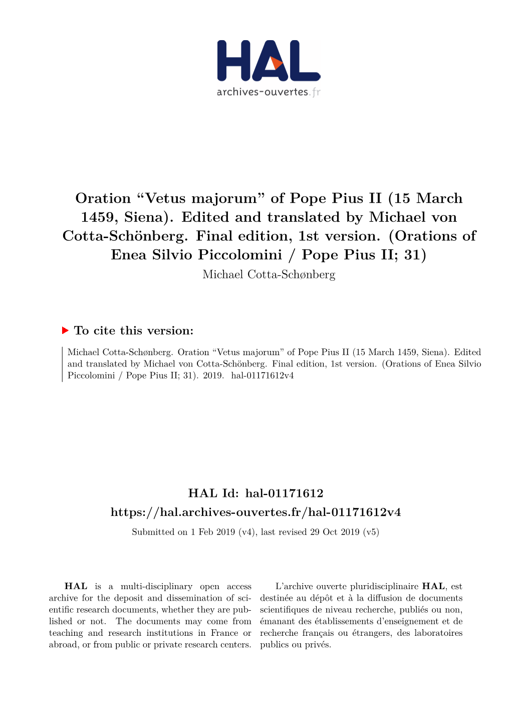 Oration “Vetus Majorum” of Pope Pius II (15 March 1459, Siena)