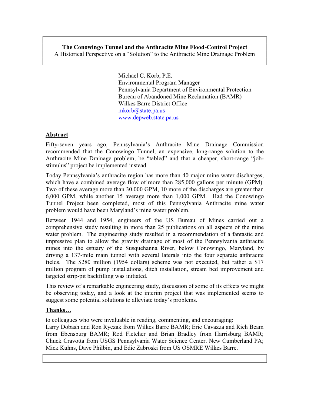 The Conowingo Tunnel and the Anthracite Mine Flood-Control Project a Historical Perspective on a “Solution” to the Anthracite Mine Drainage Problem