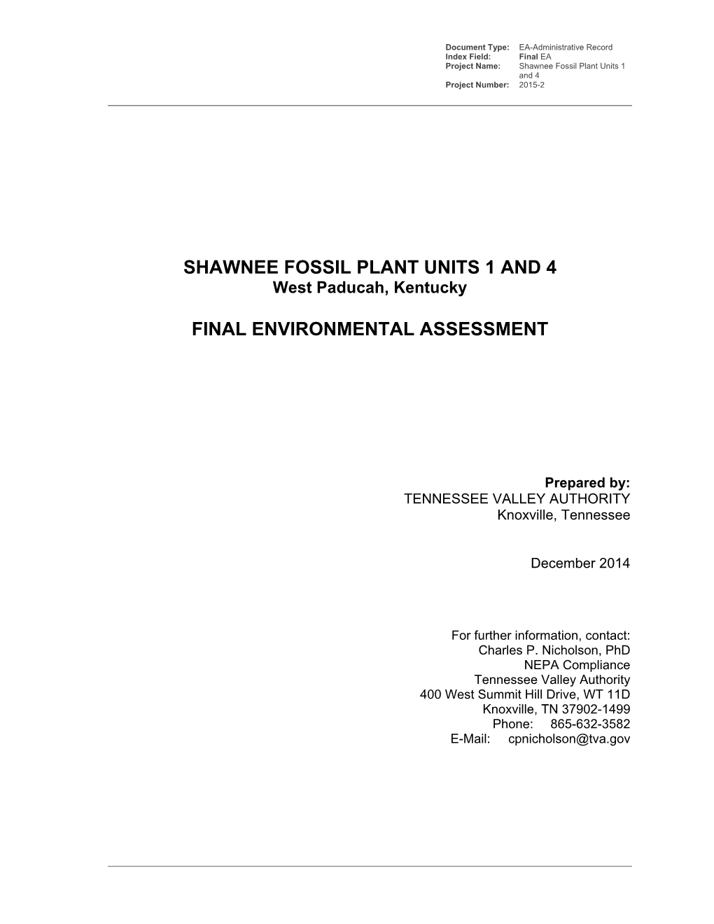 Shawnee Fossil Plant Units 1 and 4 Final Environmental