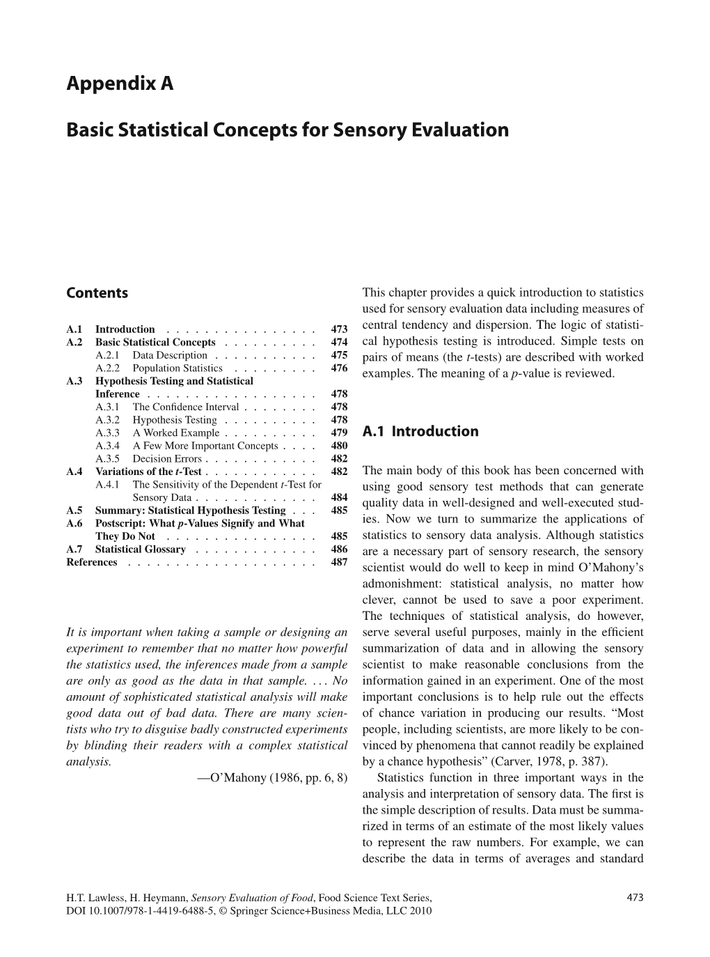 Appendix a Basic Statistical Concepts for Sensory Evaluation