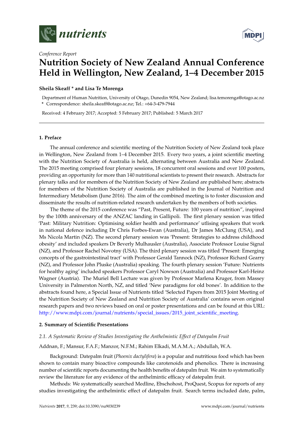 Nutrition Society of New Zealand Annual Conference Held in Wellington, New Zealand, 1–4 December 2015