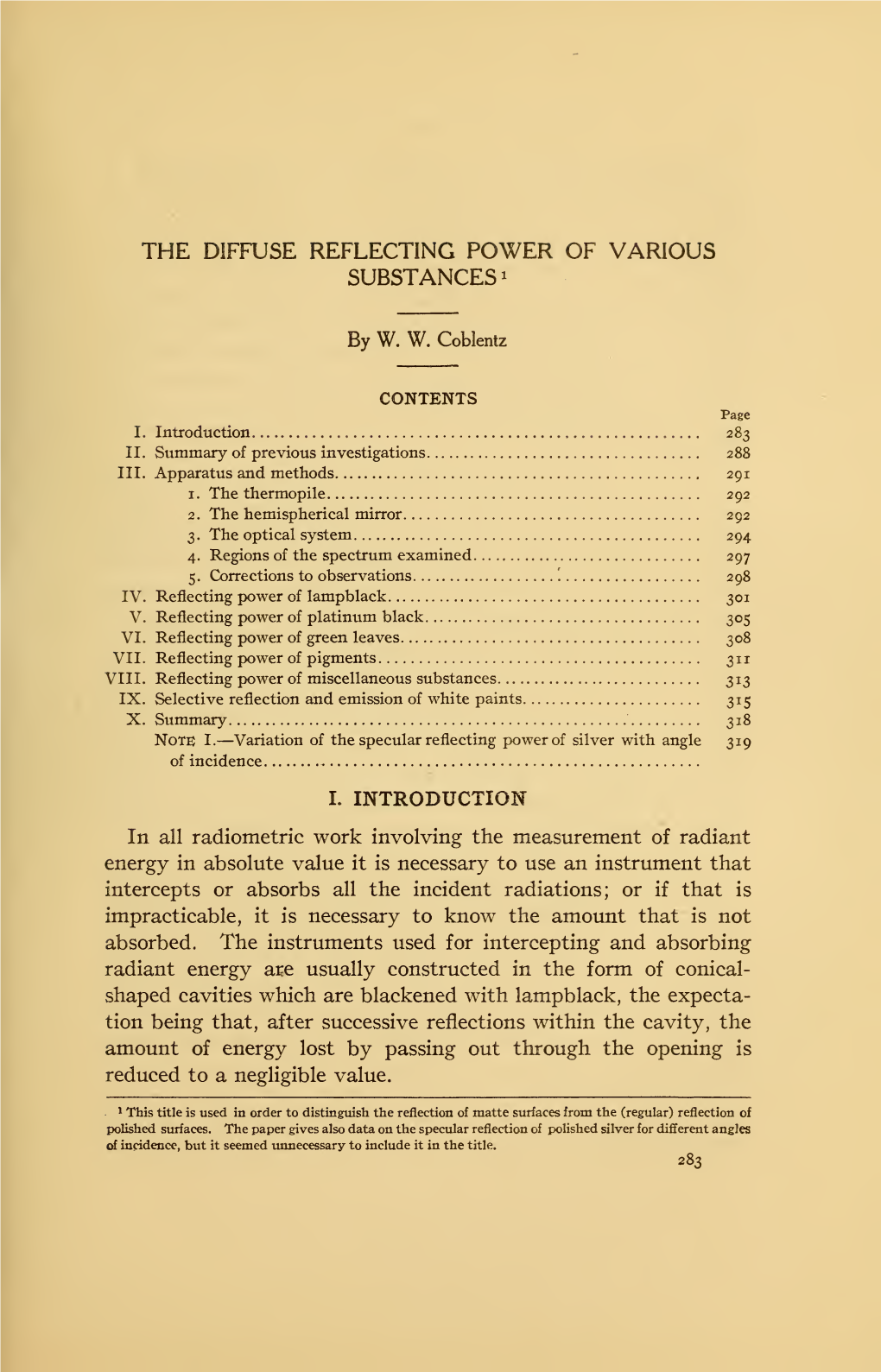 The Diffuse Reflecting Power of Various Substances 1