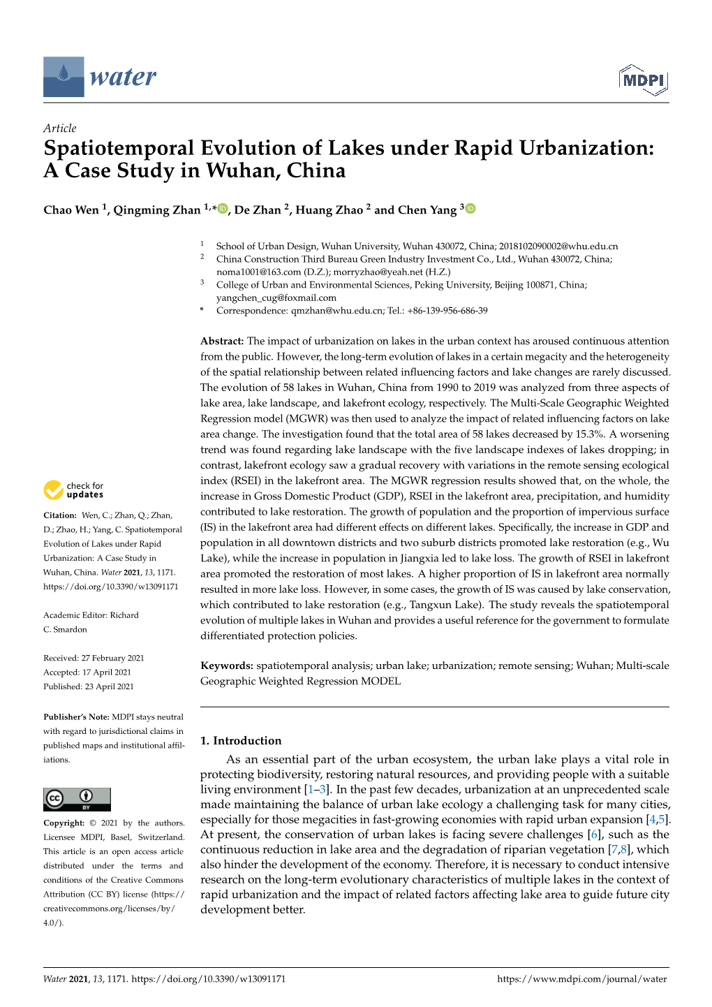 Spatiotemporal Evolution of Lakes Under Rapid Urbanization: a Case Study in Wuhan, China