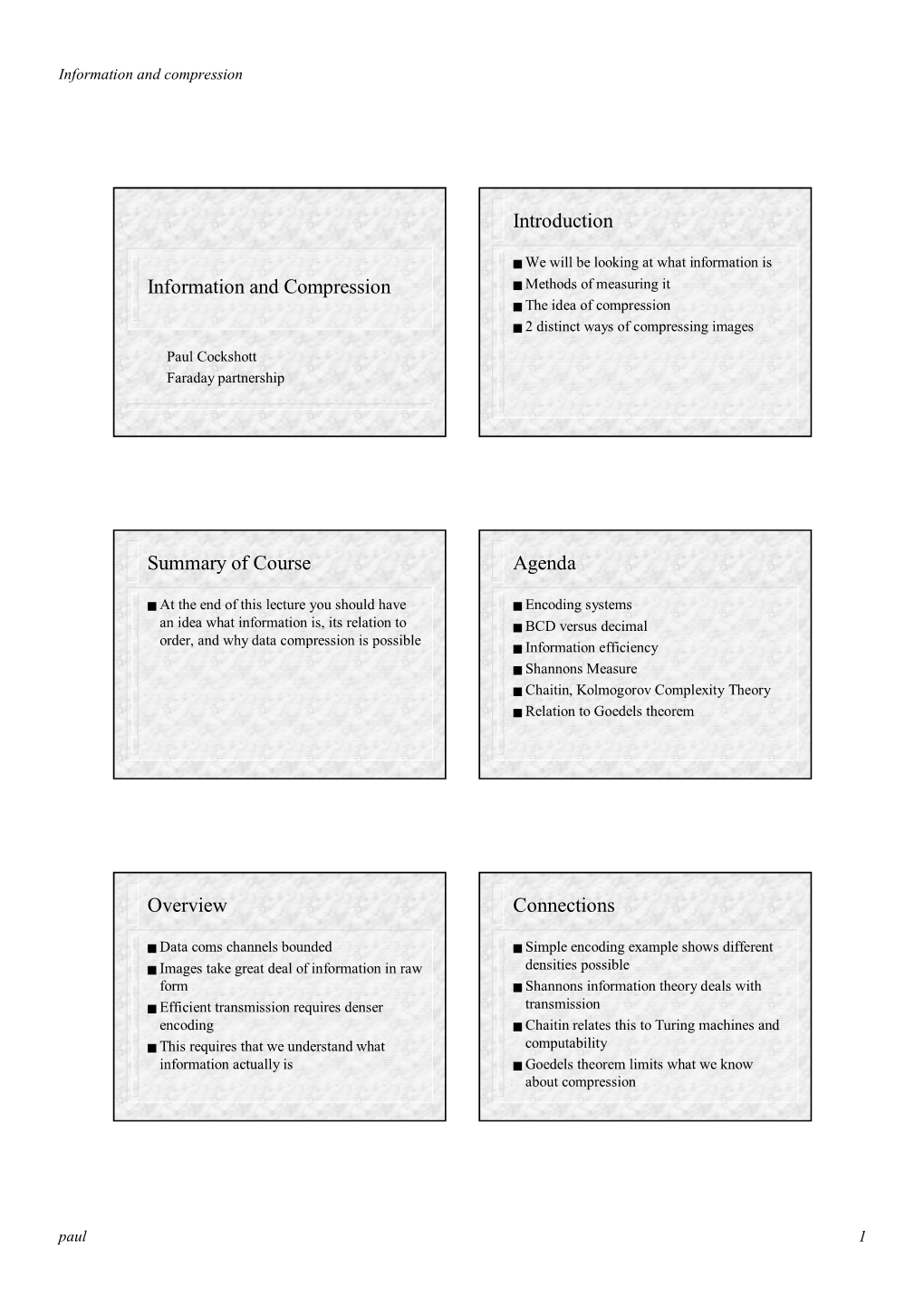 Information and Compression Introduction Summary of Course