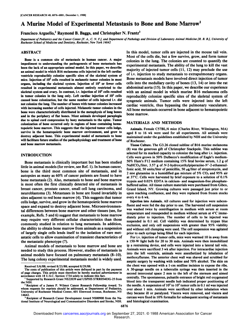 A Murine Model of Experimental Metastasis to Bone and Bone Marrow1