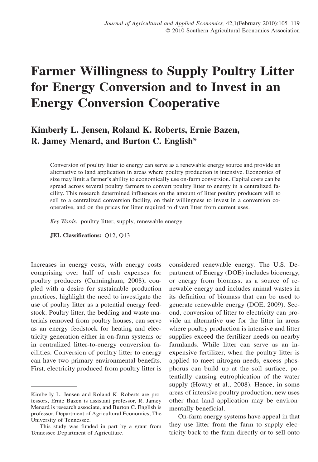 Farmer Willingness to Supply Poultry Litter for Energy Conversion and to Invest in an Energy Conversion Cooperative