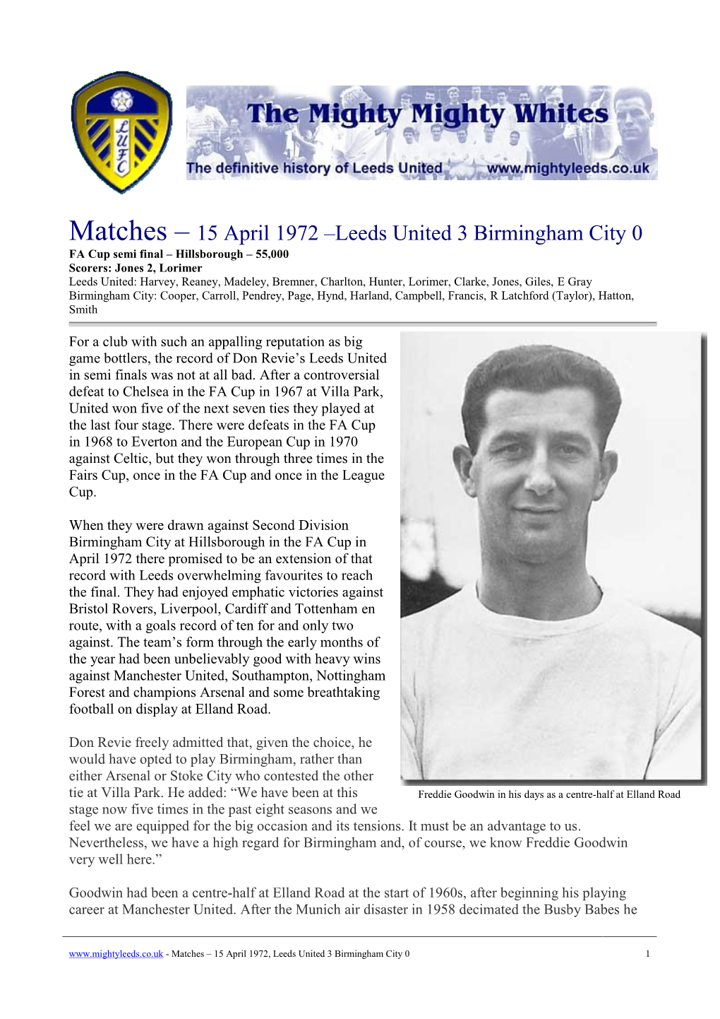 Matches – 15 April 1972 –Leeds United 3 Birmingham City 0