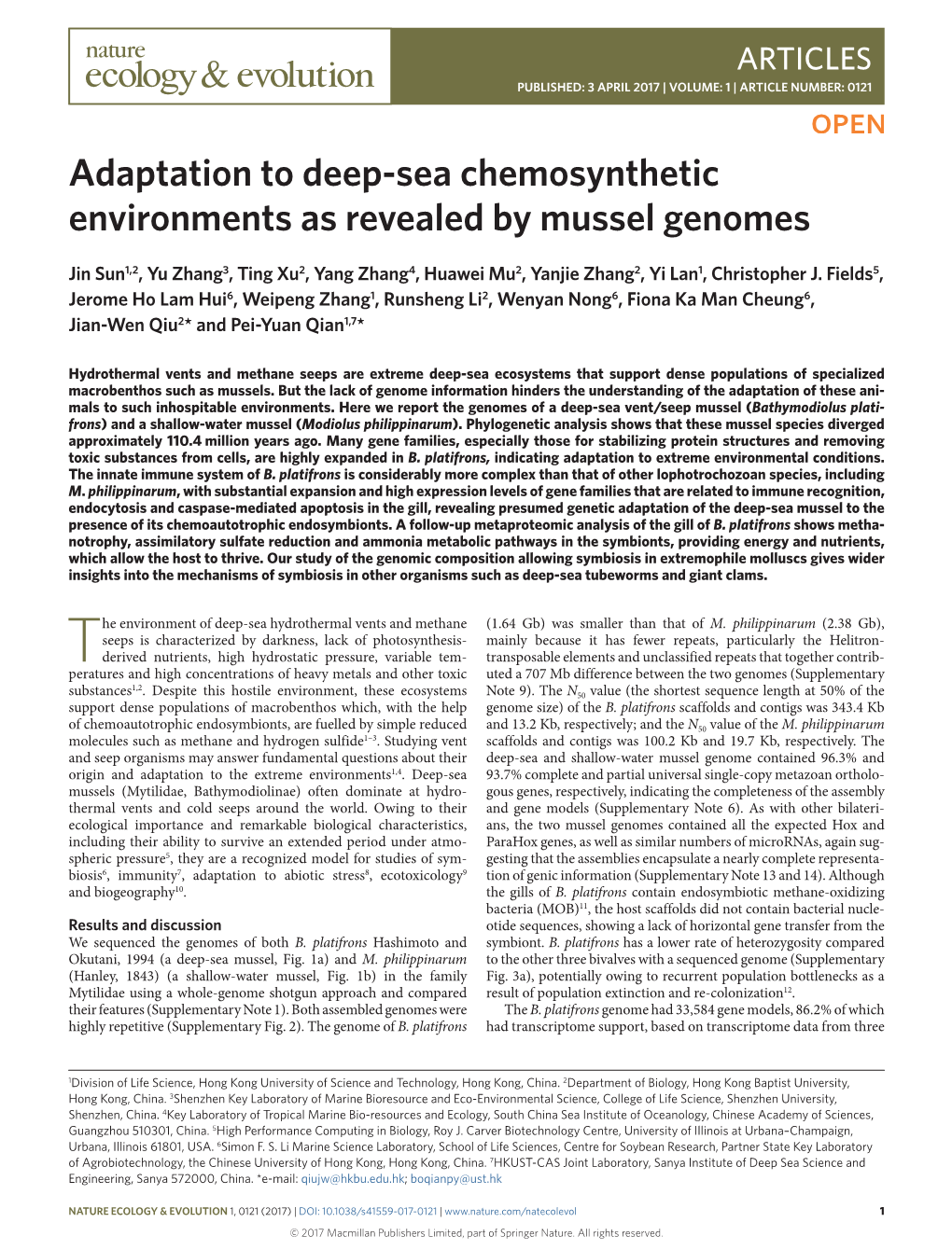 Adaptation to Deep-Sea Chemosynthetic Environments As Revealed by Mussel Genomes