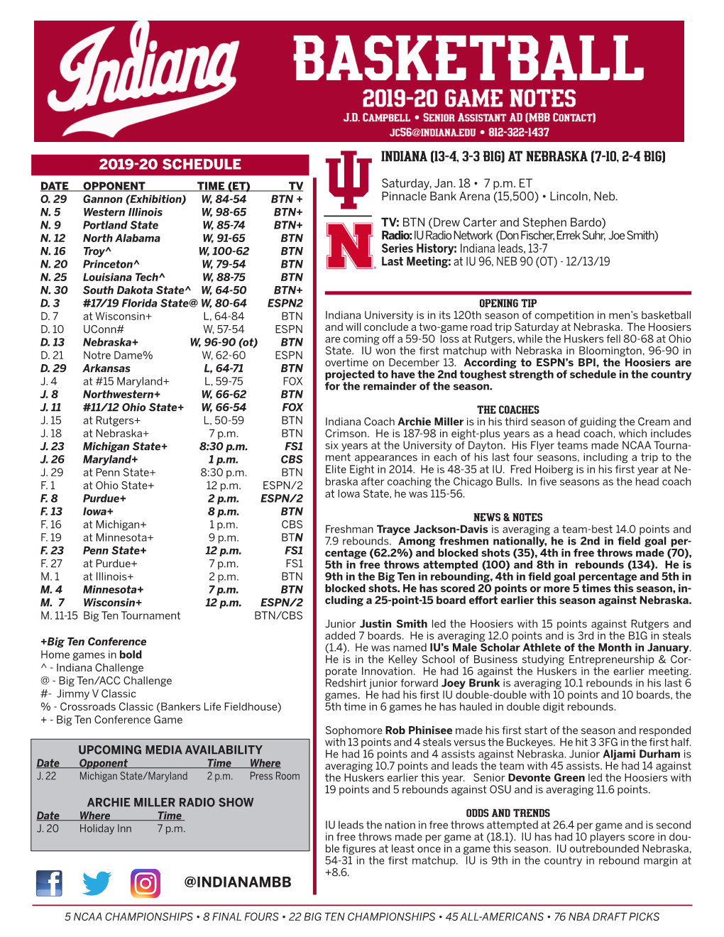 AT NEBRASKA (7-10, 2-4 B1G) 2019-20 SCHEDULE DATE OPPONENT TIME (ET) TV Saturday, Jan