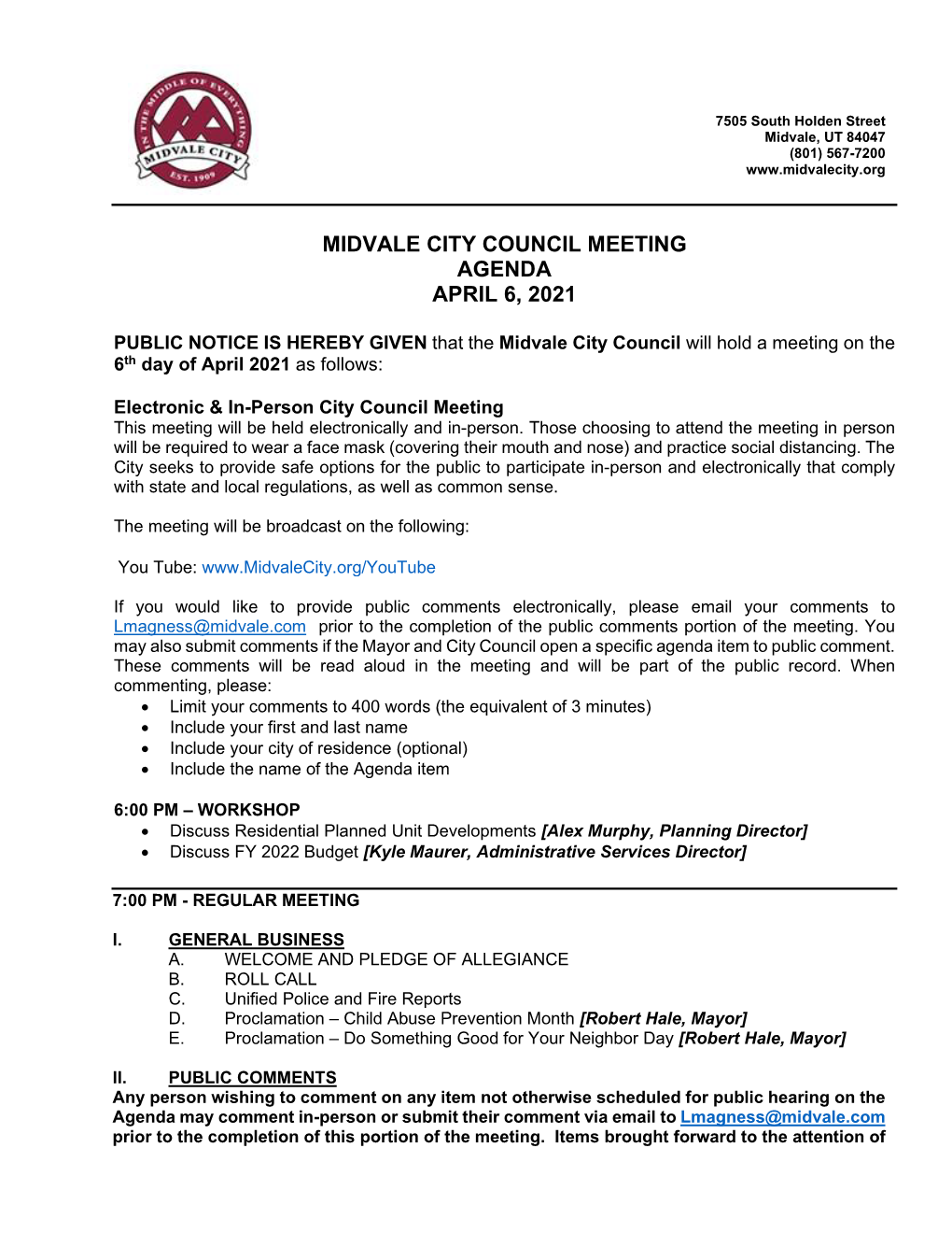 Midvale City Council Meeting Agenda April 6, 2021