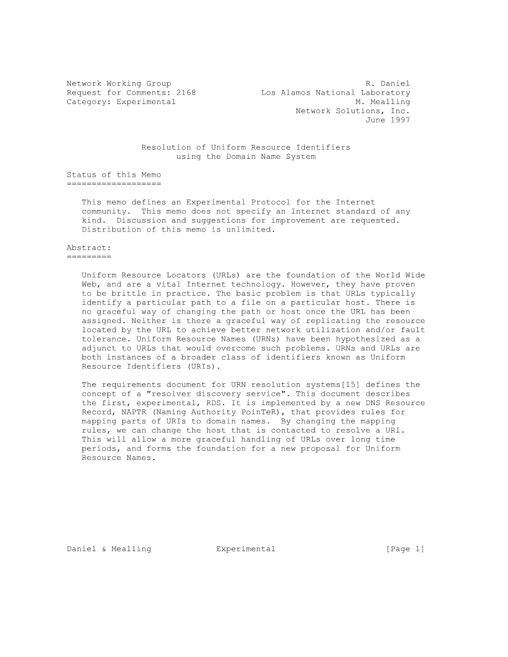 RFC 2168 Resolution of Uris Using the DNS June 1997