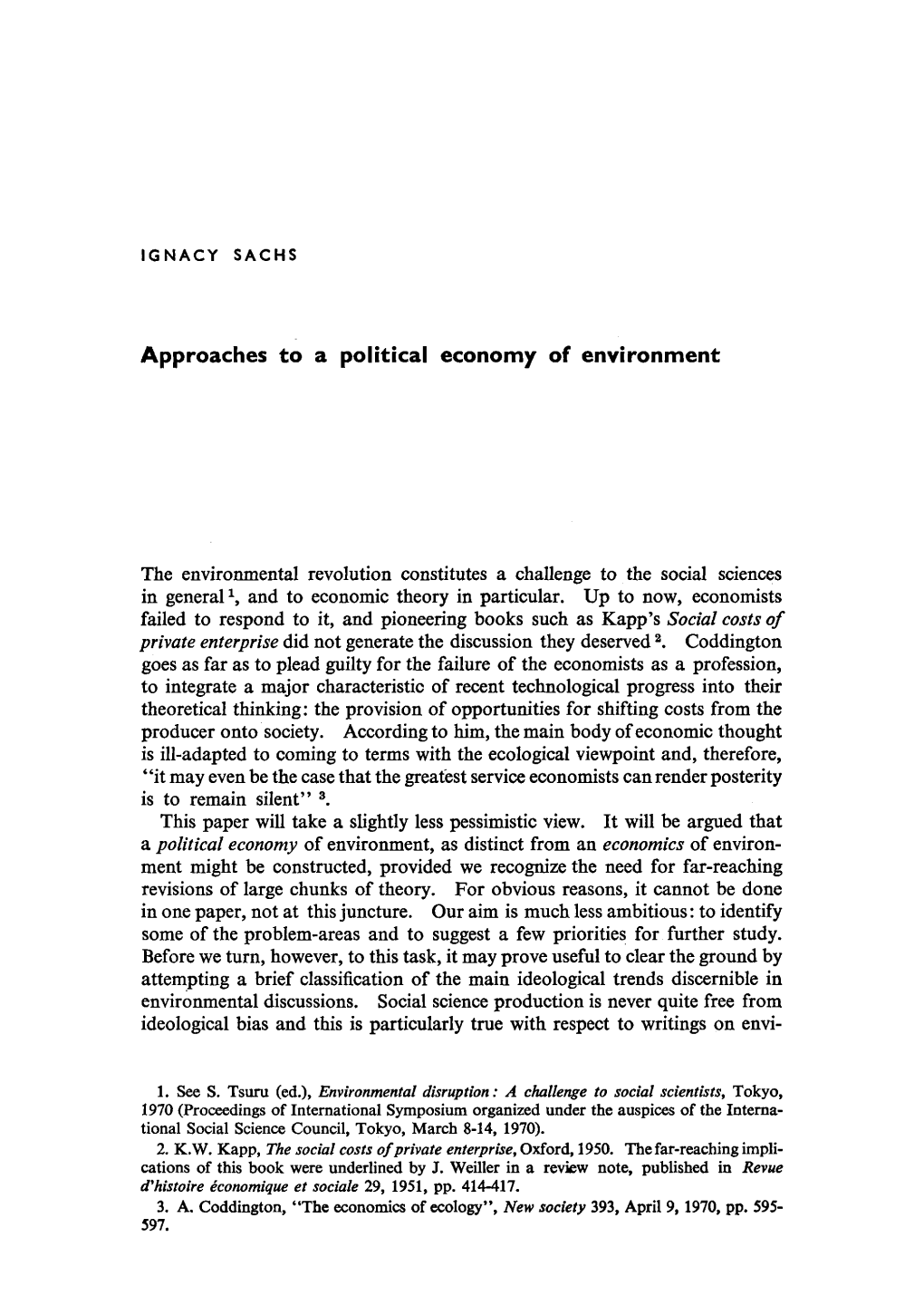 Approaches to a Political Economy of Environment the Environmental