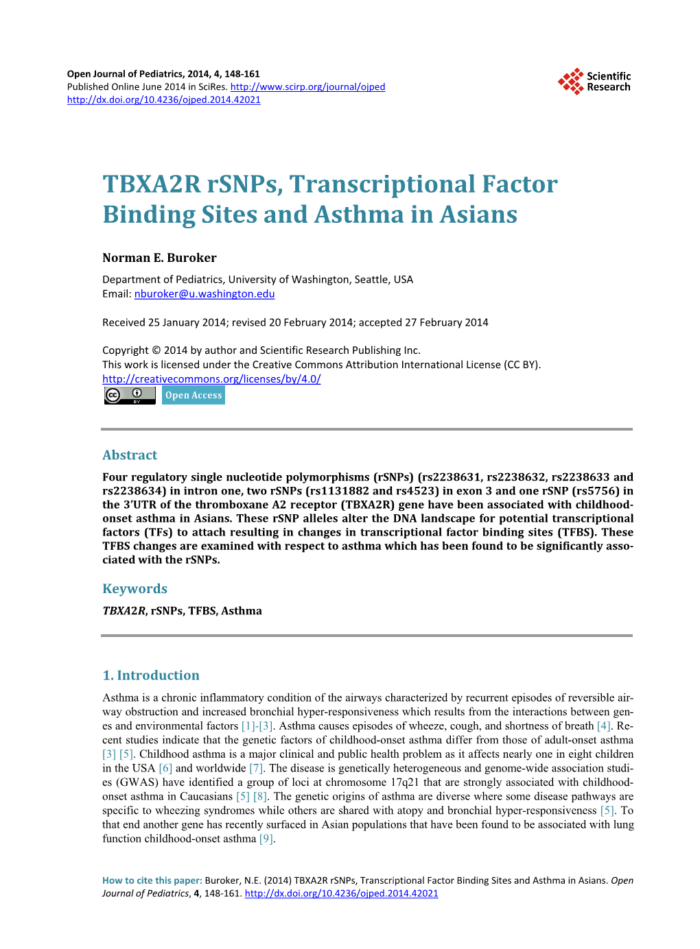 TBXA2R Rsnps, Transcriptional Factor Binding Sites and Asthma in Asians