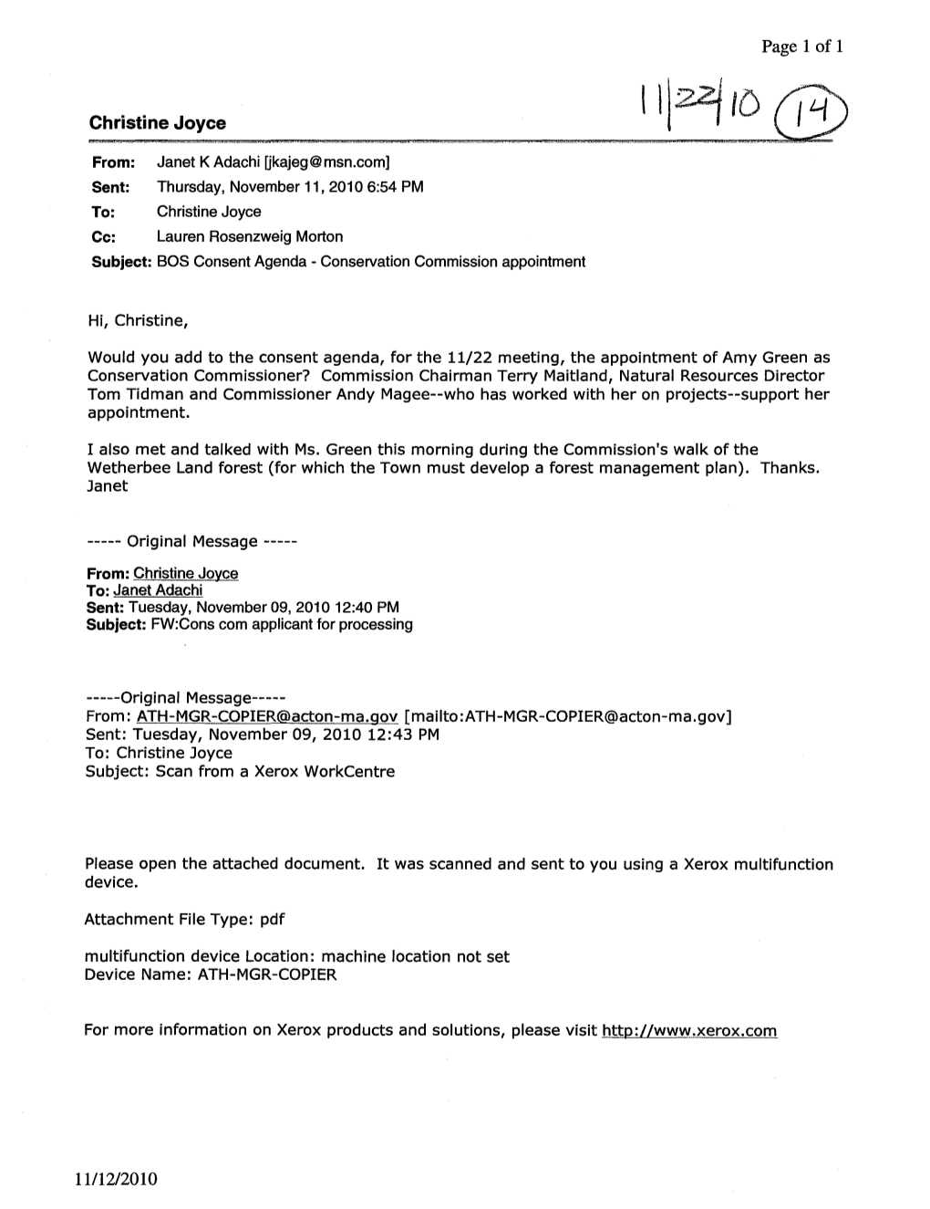 Christine Joyce I I ~ Io From: Janet K Adachi [Jkajeg@Msn.Com] Sent: Thursday, November 11,20106:54 PM To: Christine Joyce Cc: Lauren Rosenzweig Morton