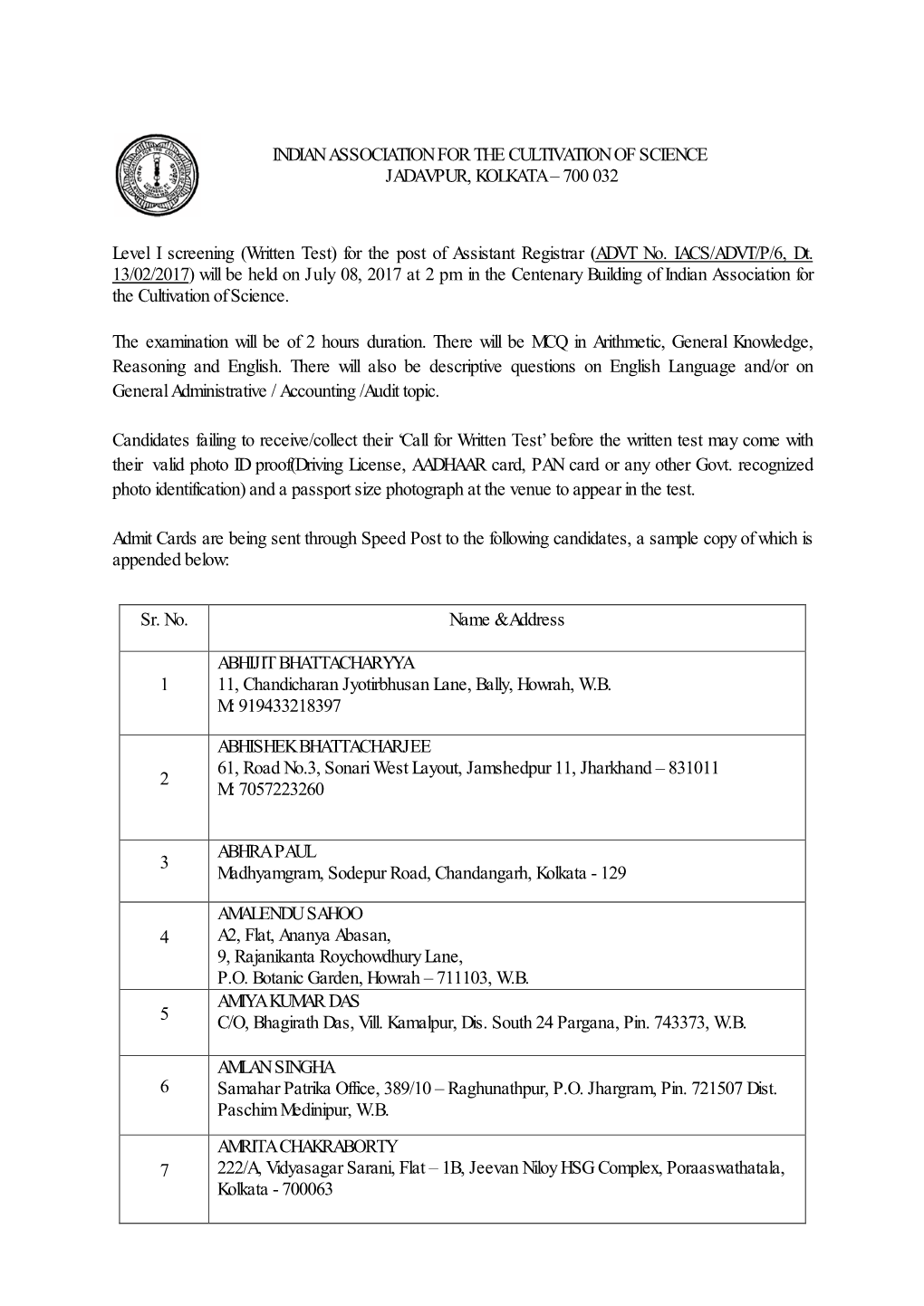 (Written Test) for the Post of Assistant Registrar (ADVT No