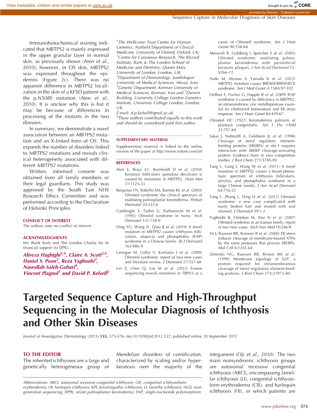 Targeted Sequence Capture and High-Throughput Sequencing in the Molecular Diagnosis of Ichthyosis and Other Skin Diseases