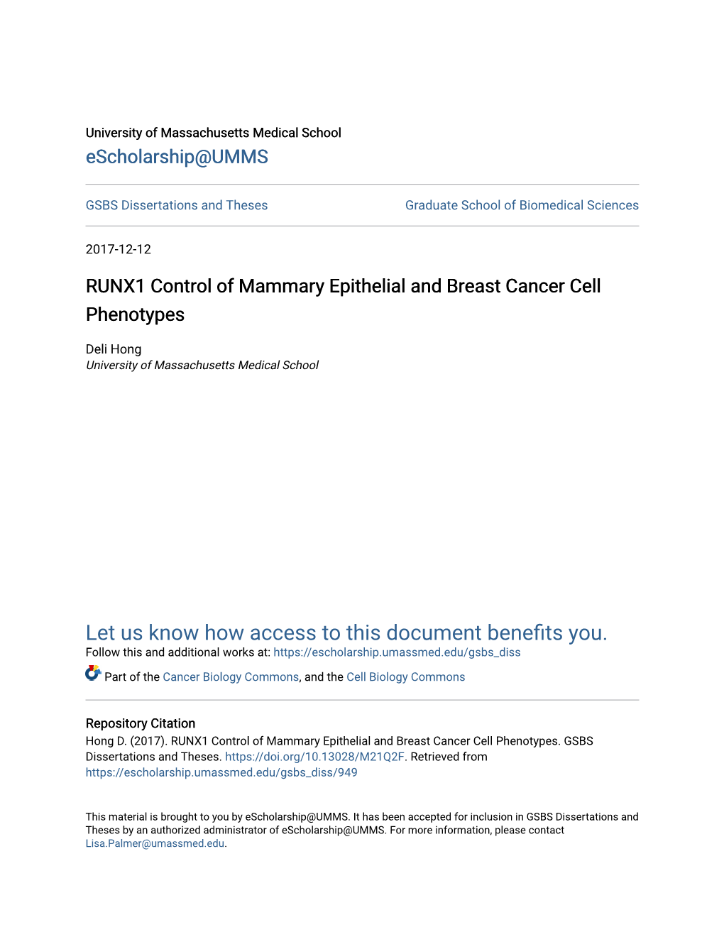 RUNX1 Control of Mammary Epithelial and Breast Cancer Cell Phenotypes