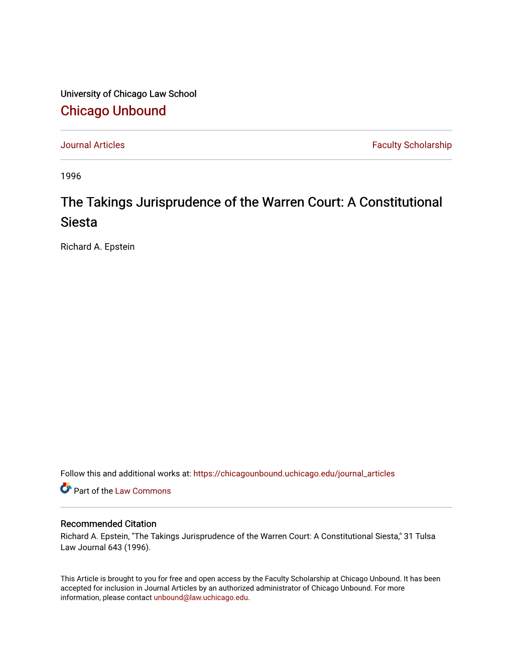 The Takings Jurisprudence of the Warren Court: a Constitutional Siesta